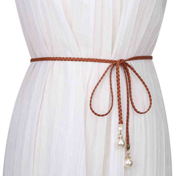 Luxe Tressé Taille Chaîne Perle Tissé Sangle Tricoté Corde En Cuir PU Mince Ceinture Ceinture Femme Robe Ceintures Pour Femmes Dames G220301