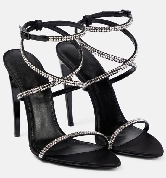 Marca de lujo 2023 Jerry Women Sandals Zapatos Cristal Correa de satén negra con buidos de satén