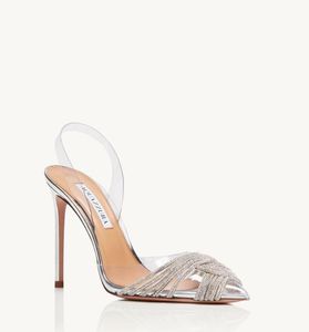 Marque de luxe Aquazzurs Gatsby Sling Satin Chaussures Sandales Cristal Crystal-embelli Satin PVC Talons Hauts PVC Slingback Lady Pompes Élégantes EU35-43