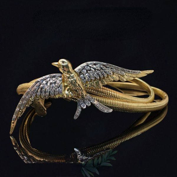 Ceinture de marque de luxe en métal élastique, chaîne de taille d'oiseau, rayures de couleur or, forme animale, encart décoratif pour femmes, 240309