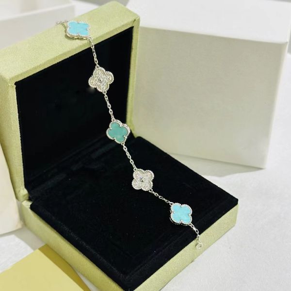 Marca de lujo trébol pulseras de diseño joyería plata oro luz azul piedra bling diamante brillante cristal brazalete pulsera pendientes collar regalo