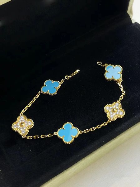 marque de luxe trèfle bracelets de créateurs bijoux en or 18 carats bleu turquoise pierre papillon amour 5 fleurs édition limitée charmes bracelet bracelet cohérent