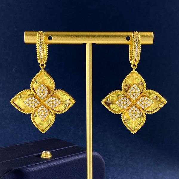 Boucles d'oreilles de marque de luxe pour femmes, or 18 carats, argent, 4 feuilles, fleur, cristal, diamant, brincos, boucles d'oreilles, boucles d'oreilles, collier, bracelet, bijoux