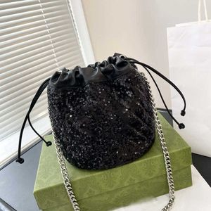 Diseño de marca de lujo G Bolso de cubo Lentejuelas con cuero Cesta de verduras Bolso Bling Fiesta de noche Negro Mensajeros individuales Monederos 230619