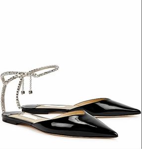 Luxe merk ontwerp sandaal flats Vrouwen jurk schoenen SAEDA FLAT lady schoenen Saeda sexy pointe teen slingback en strass enkelband ketting strass met doos