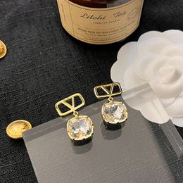 Luxury merkontwerper 18K vergulde stud hangende oorbel clipketen geometrisch meisje kristal rhindiamone oorbellen trouwfeest sieraden