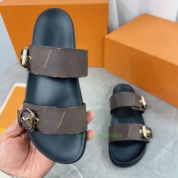 Marque de luxe designer hommes pantoufles vérifier impression en cuir véritable tongs femmes chaussures sandale mules appartements en cuir moraillon plage toboggan