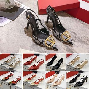 Luxury merk hoge hak sandalen vrouwen zomerontwerper puntige schoenen klassieks gold-v metalen gesp 4 cm 6 cm 8cm 10 cm dunne hakken rode trouwschoenen met stofzak 34-44 b22