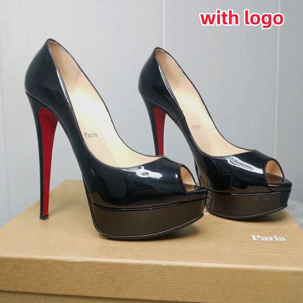 Zapatos de tacones altos de marca de lujo Plataforma Peep Toes Fondo rojo brillante 12 cm 14 cm 16 cm Súper tacón Zapatos de vestir de charol negro desnudo con bolsa para el polvo Tamaño 35-45