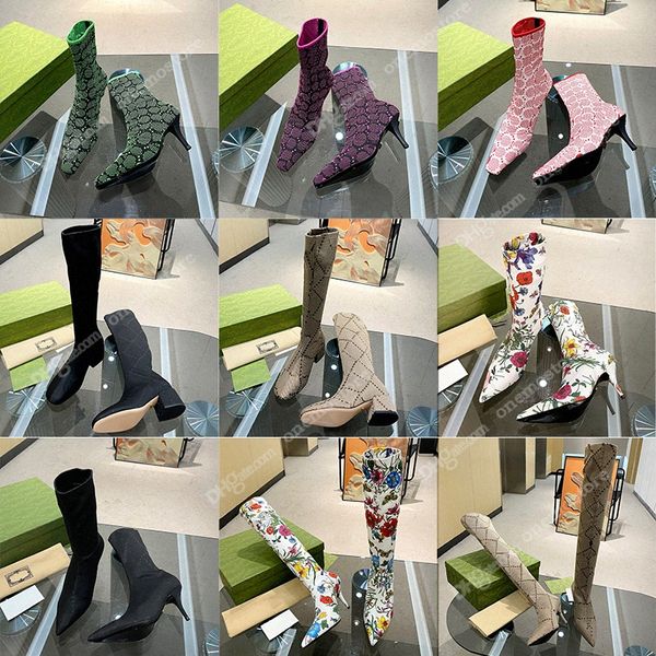 Marca de lujo Italia G Tacones altos Zapatos de vestir Botas cortas de tacón fino para mujer Motivo de flor plana 5 7.5 8 cm Punta cuadrada en punta Botines de tejido de punto técnico