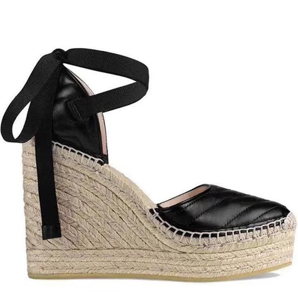 Sandalias de marca de lujo para mujer, cordones planos, tacones de cuña circulares, caja de zapatos de vestir de pescador de cuero a la moda