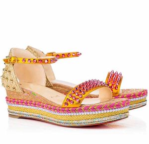 Marque de luxe Levantine Sandales Chaussures Latte Nappa Latte Wedge Studs Perles embellissement Madmonica Espadrille Sandalias Lady Comfort Walking EU35-43 avec boîte