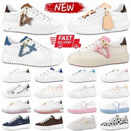 Marca de lujo LVity Diseñador de alta calidad Time Out Zapatos al aire libre Zapatillas de deporte para mujer Casual Piel de becerro Cuero real Rosa Blanco En relieve Marrón Cuero estampado