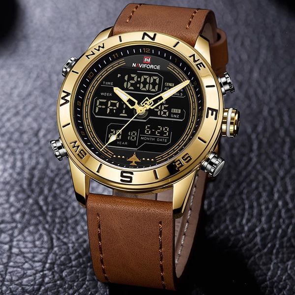 Marque de luxe hommes 9144 or armée militaire montre Led numérique en cuir sport montres Quartz hommes horloge Relogio Masculino