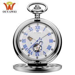 Luxuremerk Ouyawei Mechanische pocket horloge mannen vol stalen kast fob analoge zilveren witte wijzerplaat vintage mannelijke klok 240327