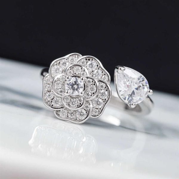 Marque de luxe pur 925 bijoux en argent sterling Rose camélia diamant trèfle fleur anneaux de mariage de qualité supérieure Design fin Party300v