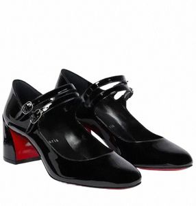 luxe merk schoenen Parijs Dames Sandalen pumps lederen schoen hoge hakken Miss Jane 55mm lakleer pomp Mary Jane dubbele riem blok hakken 51xi #