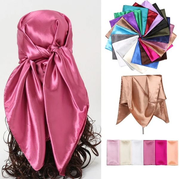 Écharpe de soie de luxe Femmes Satin Couleur solide Hijab Scharpes Pareo Bandana Bandana Femme enveloppant le bandeau Boulard 90 * 90cm 240425