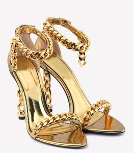 Marca de lujo tom-f-sandal sandalia con candado Zapatos de tacón alto para mujer Eslabón de cadena de cuero con espejo detallado Sandalias de tacón de 105 mm Bombas con correa para el tobillo con caja