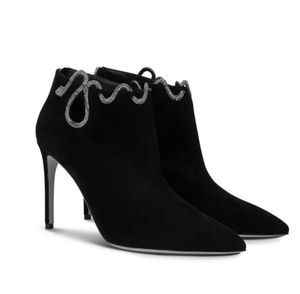 Botines de mujer de marca de lujo, botines de ante negro, MORGANA BLACK BOOTIE, diseñador de tacón de 100 mm, alta costura de calidad superior con caja original