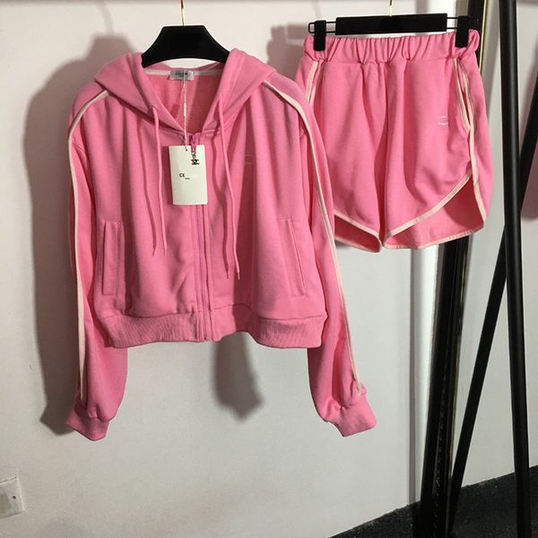 Marca de lujo para mujer, abrigo, pantalones cortos, chaqueta de manga larga a la moda, pantalones de cintura alta, chaqueta con capucha y cremallera, conjunto de pantalones con capucha informales