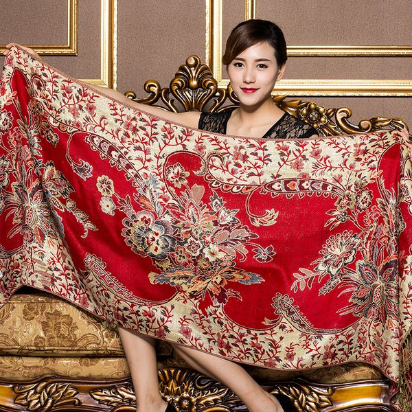 Écharpe imprimée pour femmes de marque de luxe avec pompon de motif de fleurs de style ethnique chinois chaleur hivernale et châle de couverture en laine douce et longue 230725