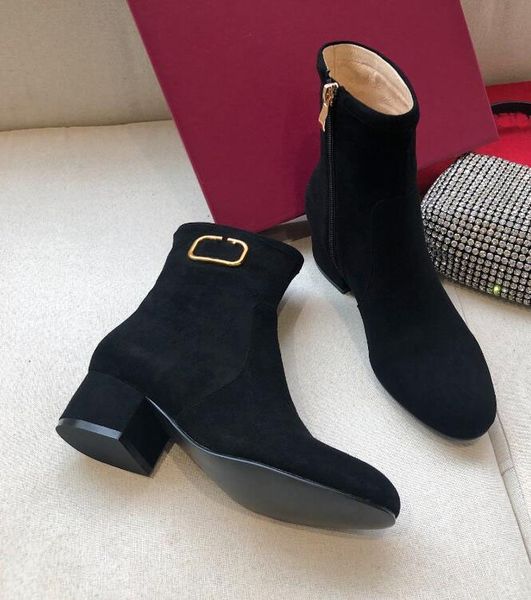 Marques de luxe bottines en cuir de veau uni talons bloc style élégant bride à la cheville en daim espadrille noir noir gros talons hauts extérieur 35-43 boîte d'origine