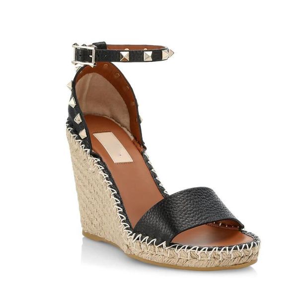 Marques de luxe en cuir de veau sandale bride à la cheville compensée Caged Wedge espadrille noir nude marron talons hauts cuir véritable talon haut avec boîte 35-43