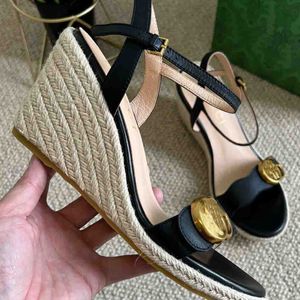 Sandalias de cuña de mujer de marcas de lujo cómodas sandalias de alpargata con plataforma de cuero genuino