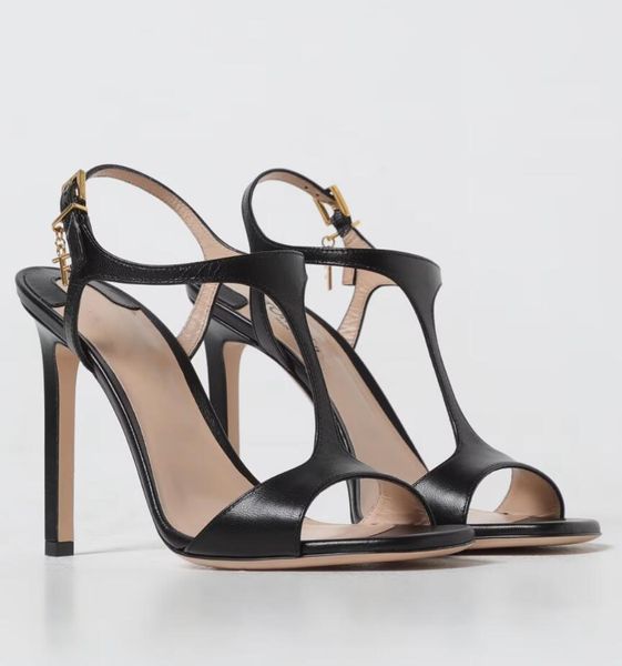 Marques de luxe Femmes Sandales en cuir brevet Chaussures Summer Walk Pop Talons Post de carbone en or Nude Nude Black Red Gladiator Sandalias Tom Ford Boîte à chaussures à talons hauts