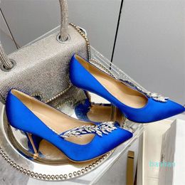 Luxusmarken Damen Sandalen Pumps High Heels Seide Fleck 105mm Jewel Buckle Pumps Blau Schwarz Rot 35-42 mit Originalverpackung