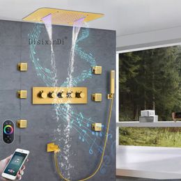Luxury Brass Waterfall Baño de baño Set de ducha de ducha de la pared de la pared del grifo de ducha termostática con música e iluminación