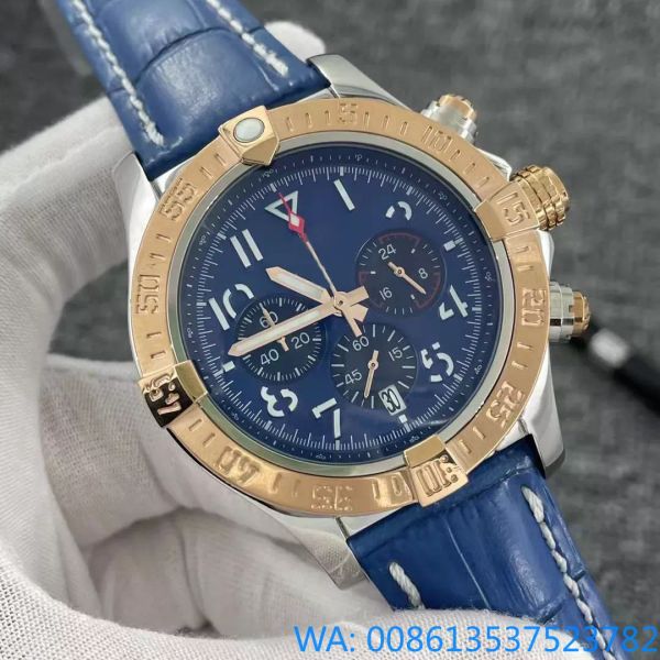 Montre de luxe Breit AAA pour hommes, cadran bleu, chronographe à quartz japonais, 45 mm, Avenger Hurricane SEA, bracelet en cuir, boîtier en acier bicolore, montres-bracelets en verre Hardlex