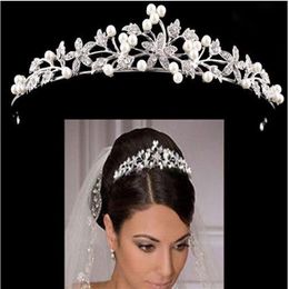 Couronne de mariée de luxe pas cher mais de haute qualité cristaux de perles scintillants couronnes de mariage Roayal perles voile bandeau accessoires pour cheveux Par250g