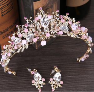 Luxe Bruids Crown Crystals Royal Wedding Queen Crowns Princess Crystal Baroque Birthday Party Tiaras Earring Pink Gold Sweet 16