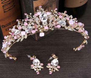 Luxe bruidskroon Rhinestone Crystals Royal Wedding Queen Crowns Princess Crystal Barok Verjaardagsfeestje Tiaras Earring Pink GOL7083070