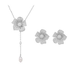 Brincos de flor de diamante de noiva de luxo colar conjuntos de joias para casamento brincos de zircônia preço de atacado joias da moda estilo francês borla conjunto de joias feminino