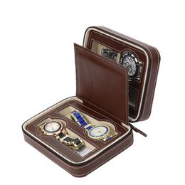 Montre de rangement de sport à glissière marron de luxe 4 cas organisateur en cuir montre étui de voyage pour quatre montres doublure en velours ensemble Boxe231r