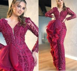 Vestidos de fiesta de sirena con cuentas de Borgoña de lujo, apliques de encaje, cuello en V profundo, vestido de noche de talla grande, ropa Formal para desfile de fiesta