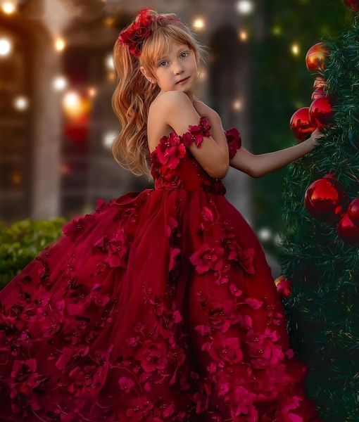 Vestido de niña de flores burdeos de lujo 2024 Flores largas en 3D Perlas de encaje Cumpleaños Fuera del hombro Vestido de fiesta Desfile de tul Vestidos de Navidad para niños