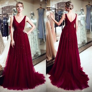 Luxe Bourgondië Tulle A Line Lange Prom Jurken V-hals 100% Echt beeld Major Beaded Crystals Formele Party Avondjurken CPS1178