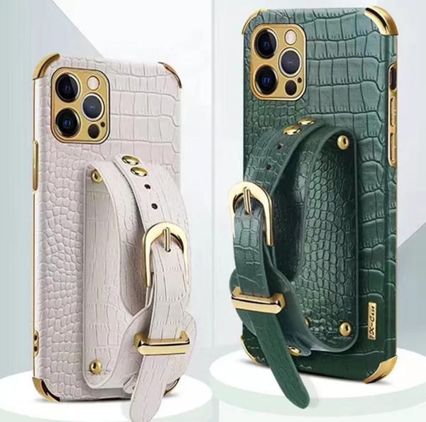 Étui de téléphone de luxe en cuir de texture de crocodile, étui de portefeuille, support de bracelet pour iPhone 15 14 13 12 11 Pro Max pour Samsung S20 S21 S22 S23 Plus Ultra