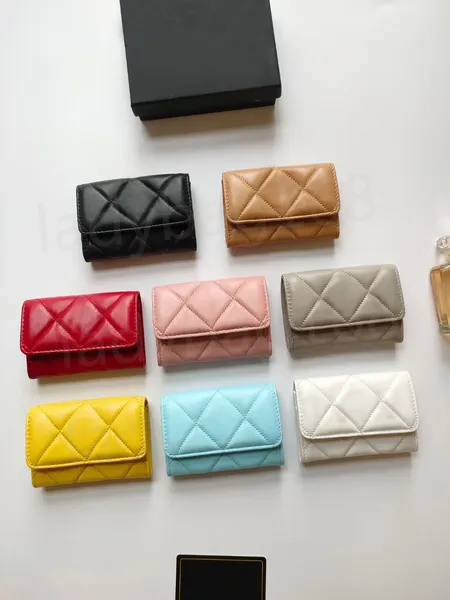 Lujo c marca diseñador de moda mujer tarjetero cartera plegable solapa patrón clásico piel de cordero al por mayor mujer pequeña mini color puro cuero guijarro con cajas