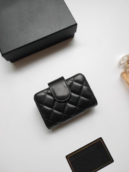 Luxe c créateur de mode femmes porte-cartes mignons rabat classique motif caviar en peau d'agneau en gros noir petit mini portefeuille couleur pure cuir de galets avec boîte