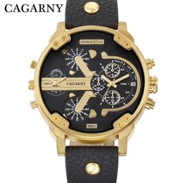 Luxe cagarny quartz Watch Men Black Leather Riem Golden Case Dual Times Militaire DZ Relogio Masculino Casual Mens Watches Man X301Q