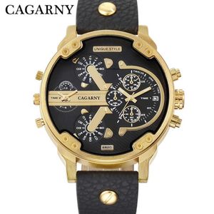 Luxe Cagarny Quartz Horloge Heren Zwart Lederen Band Gouden Kast Dual Times Militaire dz Relogio Masculino Casual Heren Horloges Man X260y