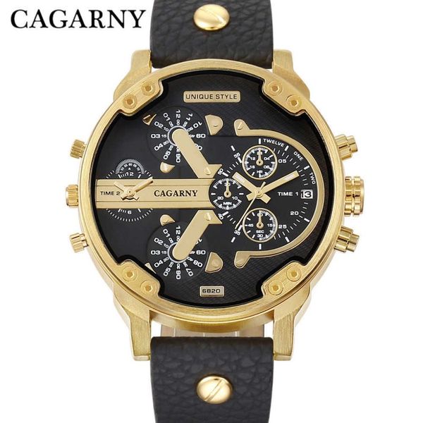 Luxe Cagarny montre à quartz hommes bracelet en cuir noir boîtier doré double fois militaire dz Relogio Masculino décontracté hommes montres homme X2678