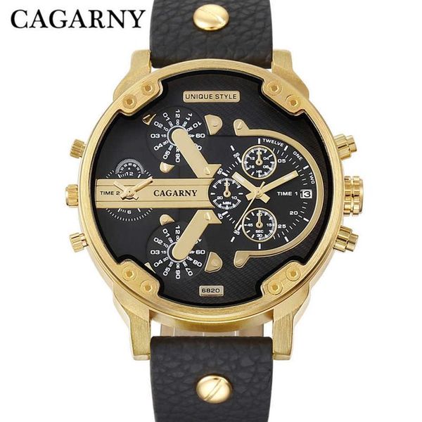 Reloj de cuarzo Cagarny de lujo para hombre, correa de cuero negro, caja dorada, doble horario, militar, dz, reloj Masculino, relojes informales para hombre X279g