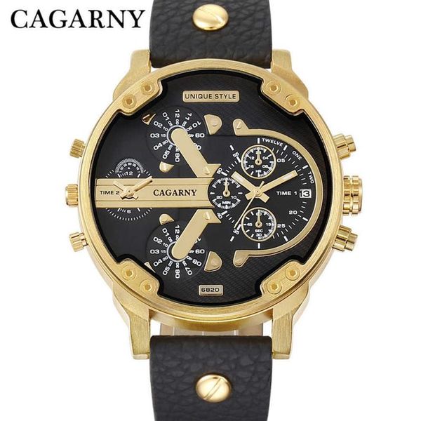 Reloj de cuarzo Cagarny de lujo para hombre, correa de cuero negro, caja dorada, tiempos duales, militar, dz, reloj Masculino, relojes informales para hombre X260y