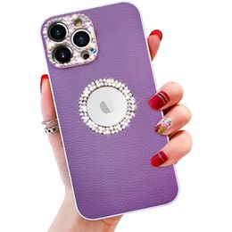 Lentille d'appareil photo de luxe Étuis en cristal de diamant Bling Glitter Cuir Slim Logo View Soft Grip Housse de protection antichoc pour iPhone 14 13 11 Pro Max 12 mini XS XR X 7 8 Plus